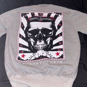 Philipp Plein Gray Cardigan Sweater with Skull and Star Patches
